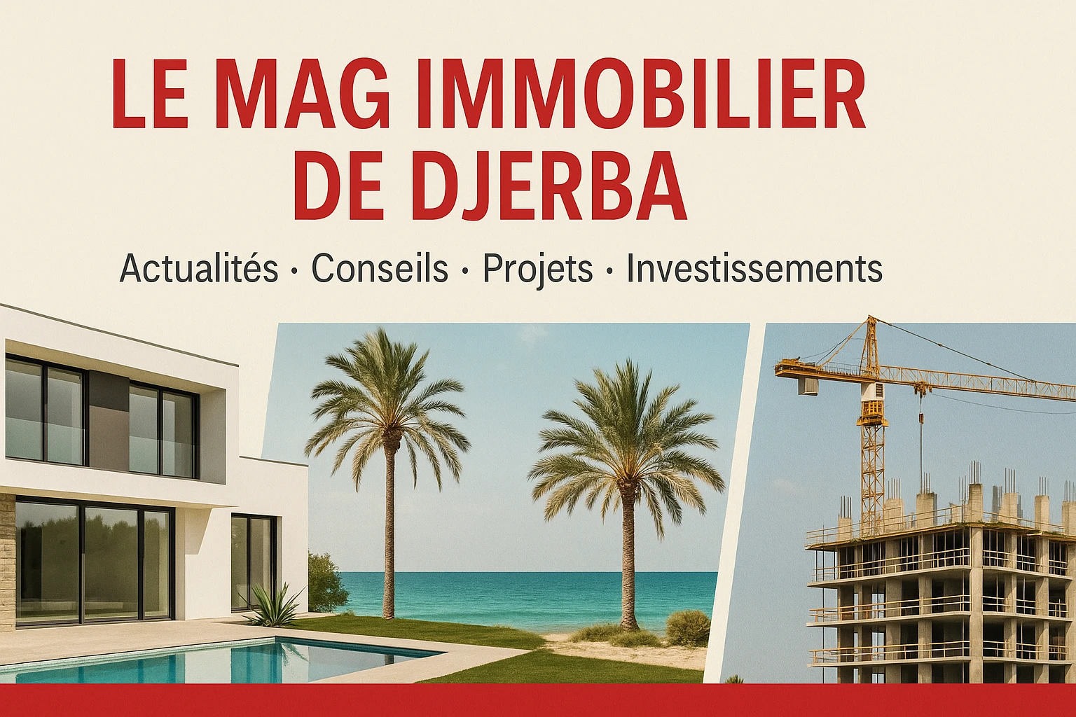 Le Mag Immobilier de Djerba 2025 bannière magazine – villa contemporaine, palmiers et mer